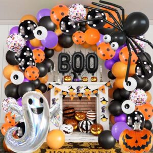 128 pcs halloween confetti balloons, huge spider boo ghost aluminum foil balloons black orange purple helium latex balloons for birthday, baby shower, halloween party decorations supplies