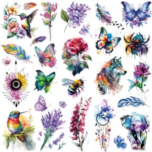 tazimi 8 sheets large 3d watercolor temporary tattoos for women girls-colorful flower hummingbird butterfly realistic long lasting fake tattoo stickers waterproof tattoos for women adult body art