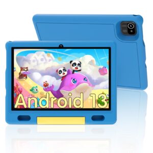 apolosign kids tablet 10 inch, android 13 tablet for kids, 2+32gb storage, pre-installed educational apps with ad-free contents and parental control, 5000mah battery, eva shockproof case - blue