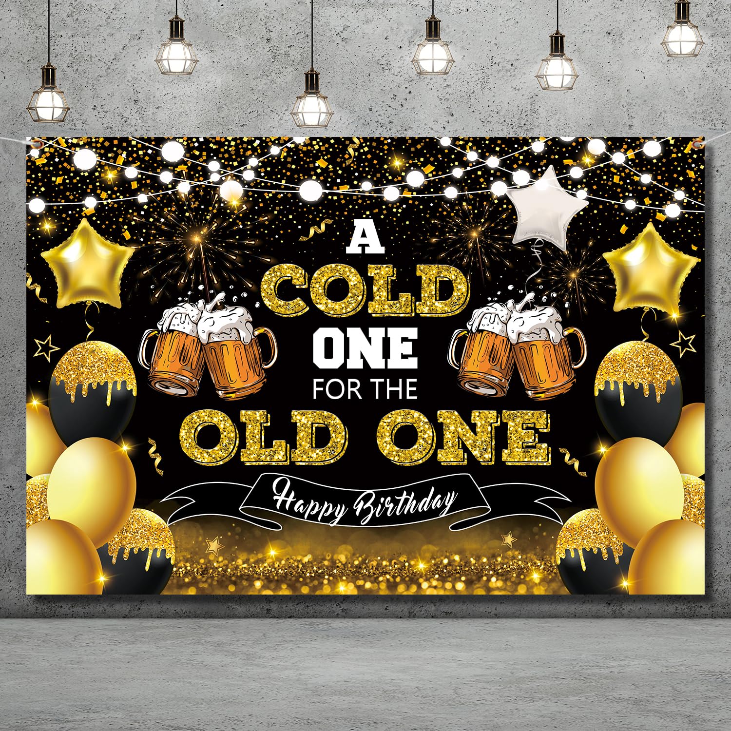 Beer Party Decorations,Black and Gold Happy Birthday Backdrop for Men A Cold One for The Old One Photography Background Banner for 30th 40th 50th Birthday Cheers and Beers Party Supplies