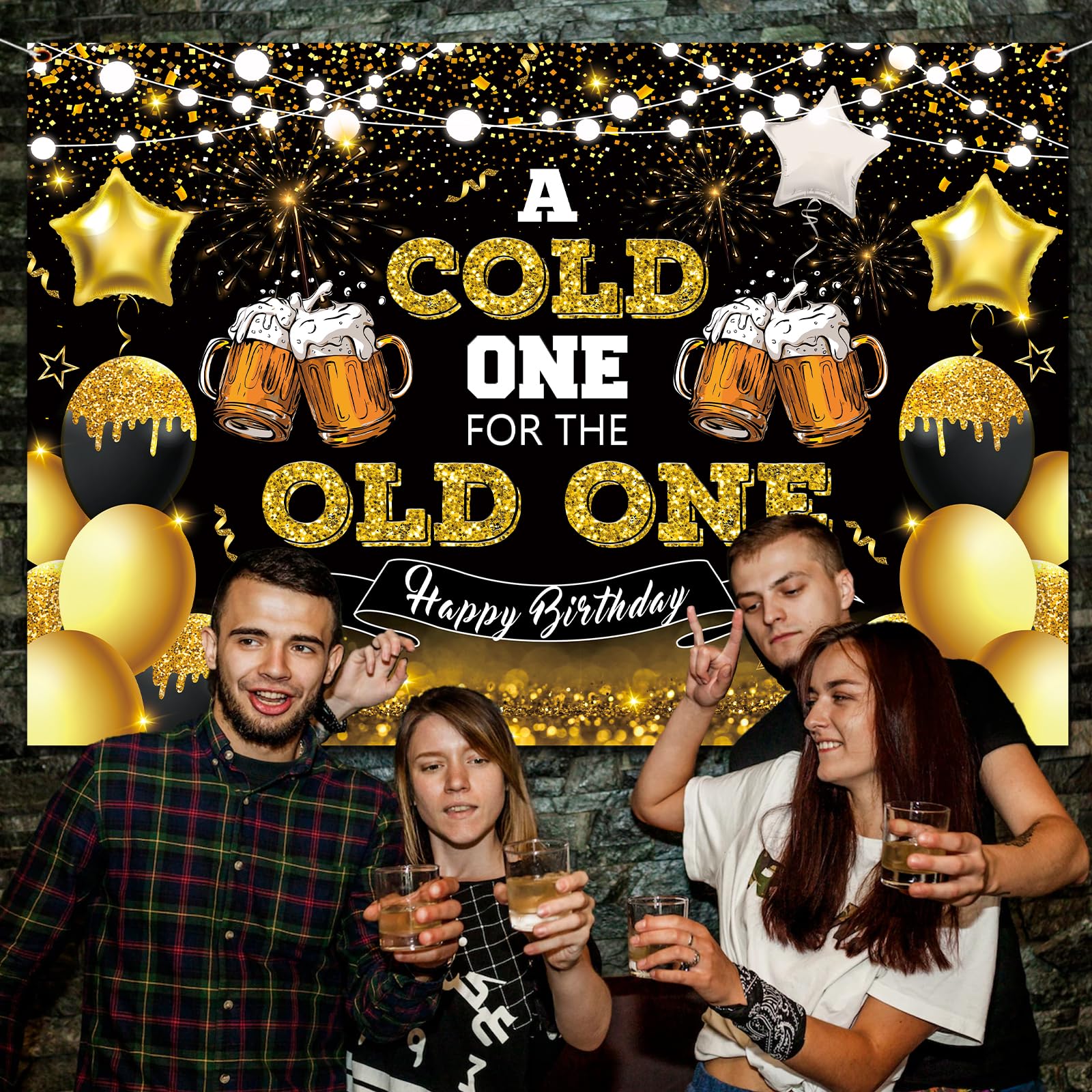 Beer Party Decorations,Black and Gold Happy Birthday Backdrop for Men A Cold One for The Old One Photography Background Banner for 30th 40th 50th Birthday Cheers and Beers Party Supplies