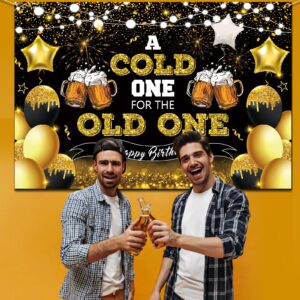 Beer Party Decorations,Black and Gold Happy Birthday Backdrop for Men A Cold One for The Old One Photography Background Banner for 30th 40th 50th Birthday Cheers and Beers Party Supplies