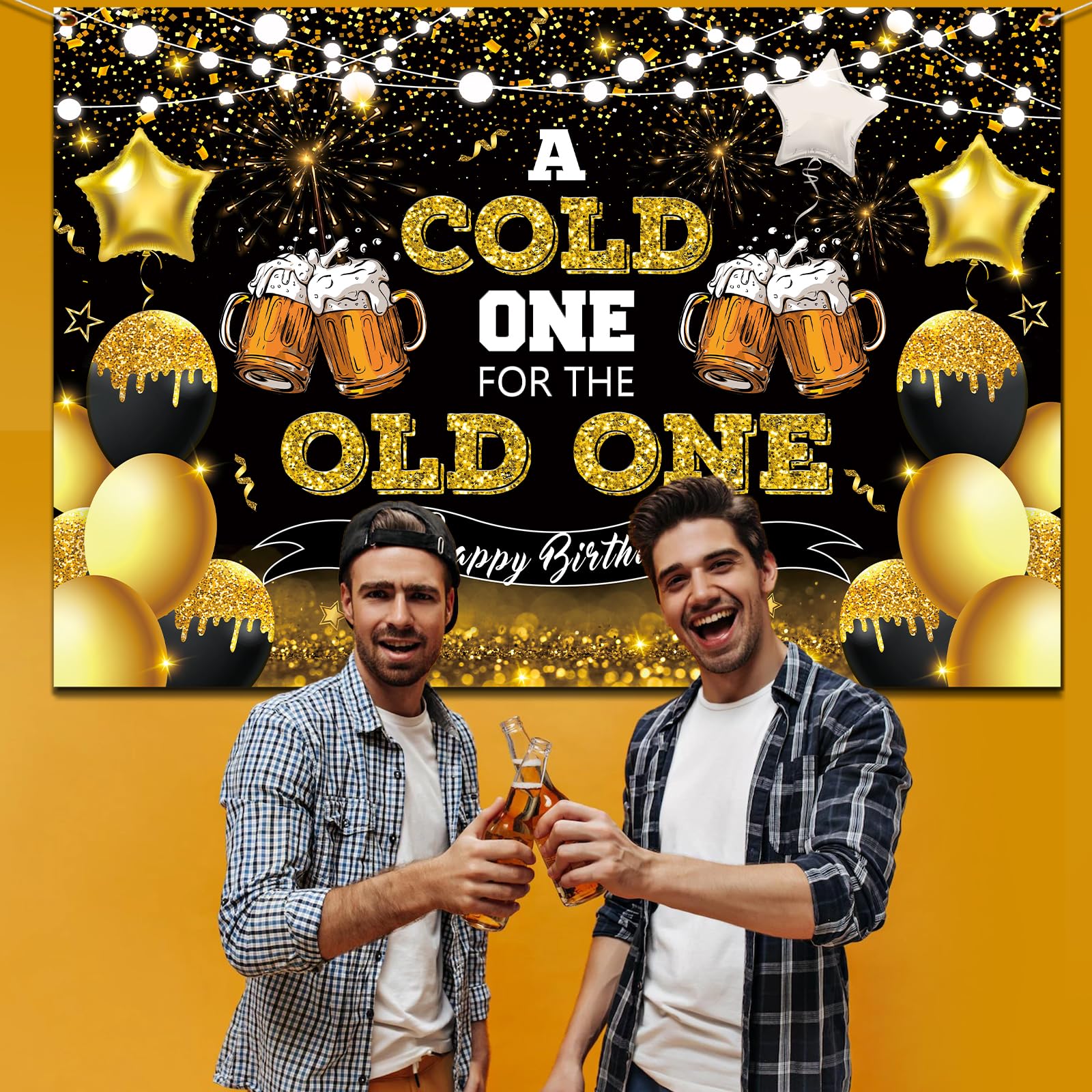 Beer Party Decorations,Black and Gold Happy Birthday Backdrop for Men A Cold One for The Old One Photography Background Banner for 30th 40th 50th Birthday Cheers and Beers Party Supplies