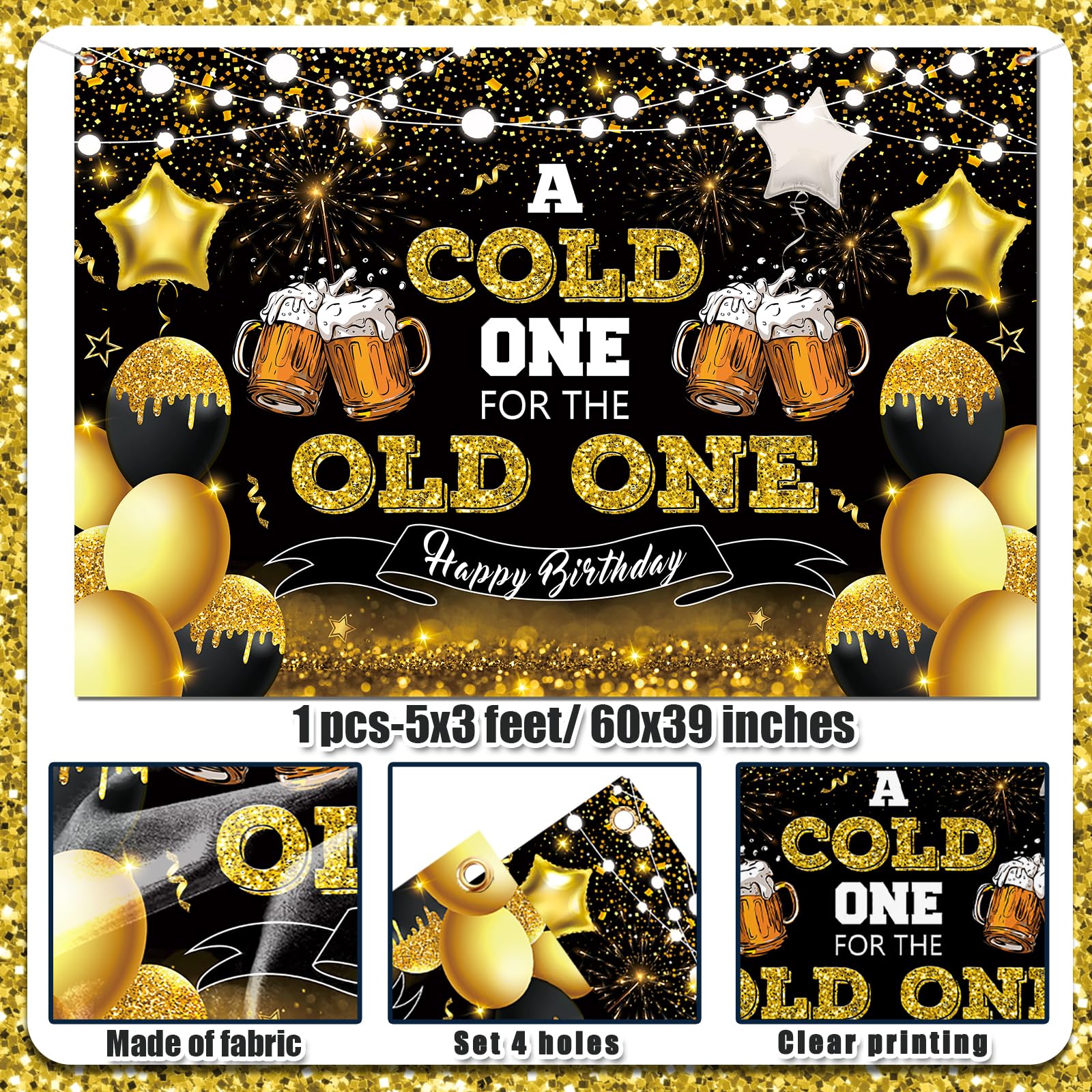 Beer Party Decorations,Black and Gold Happy Birthday Backdrop for Men A Cold One for The Old One Photography Background Banner for 30th 40th 50th Birthday Cheers and Beers Party Supplies