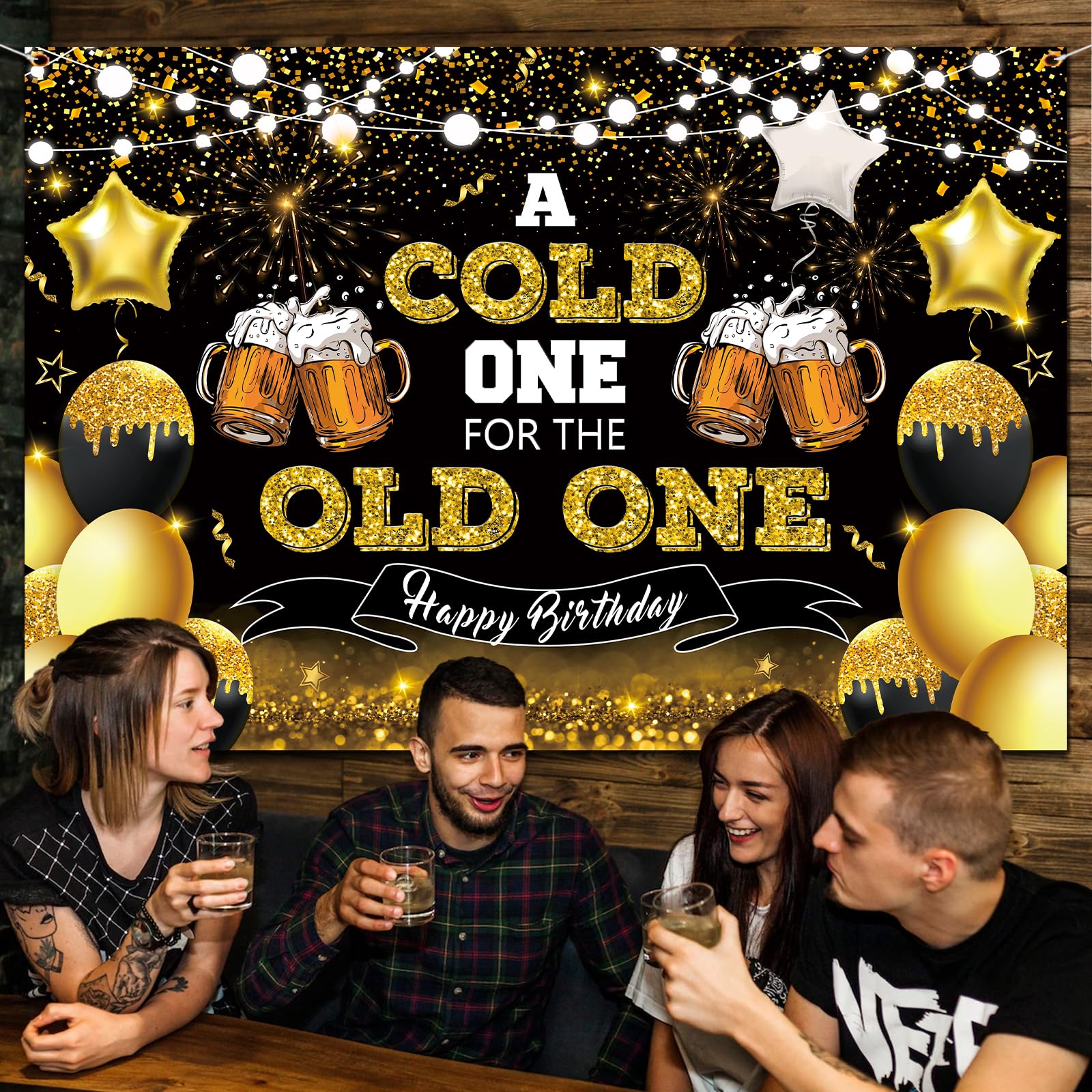 Beer Party Decorations,Black and Gold Happy Birthday Backdrop for Men A Cold One for The Old One Photography Background Banner for 30th 40th 50th Birthday Cheers and Beers Party Supplies