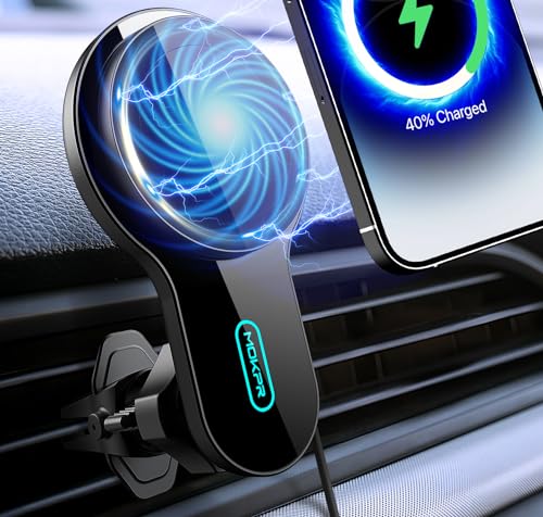 MOKPR for MagSafe Car Mount Charger, 15W Heat Dissipation Wireless Car Charger Fast Charging Magnetic Phone Holder Mount Automobile Car Holder Vent Fits iPhone 15 Pro Max Plus 14 13 12 MagSafe Case