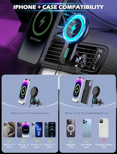 MOKPR for MagSafe Car Mount Charger, 15W Heat Dissipation Wireless Car Charger Fast Charging Magnetic Phone Holder Mount Automobile Car Holder Vent Fits iPhone 15 Pro Max Plus 14 13 12 MagSafe Case