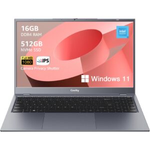 coolby 15.6inch windows 11 laptop, 16gb ram/512gb nvme ssd, 1920x1080 ips display, intel n95 quad core laptop computer, support 2.4g/5g hz wifi, bt, rj45, type-c pd 3.0 charging