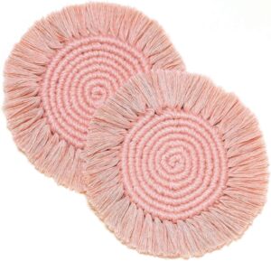 2 pack cotton coasters for drinks, round woven absorbent coasters with tassels, boho decor macrame coasters heat protection mat for home, office and bar, housewarming gift-7in （pink）