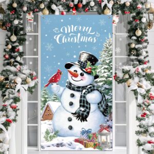 christmas snowman door cover merry christmas door decorations winter snowman backdrop background banner for front door porch xmas party decor supplies (blue)