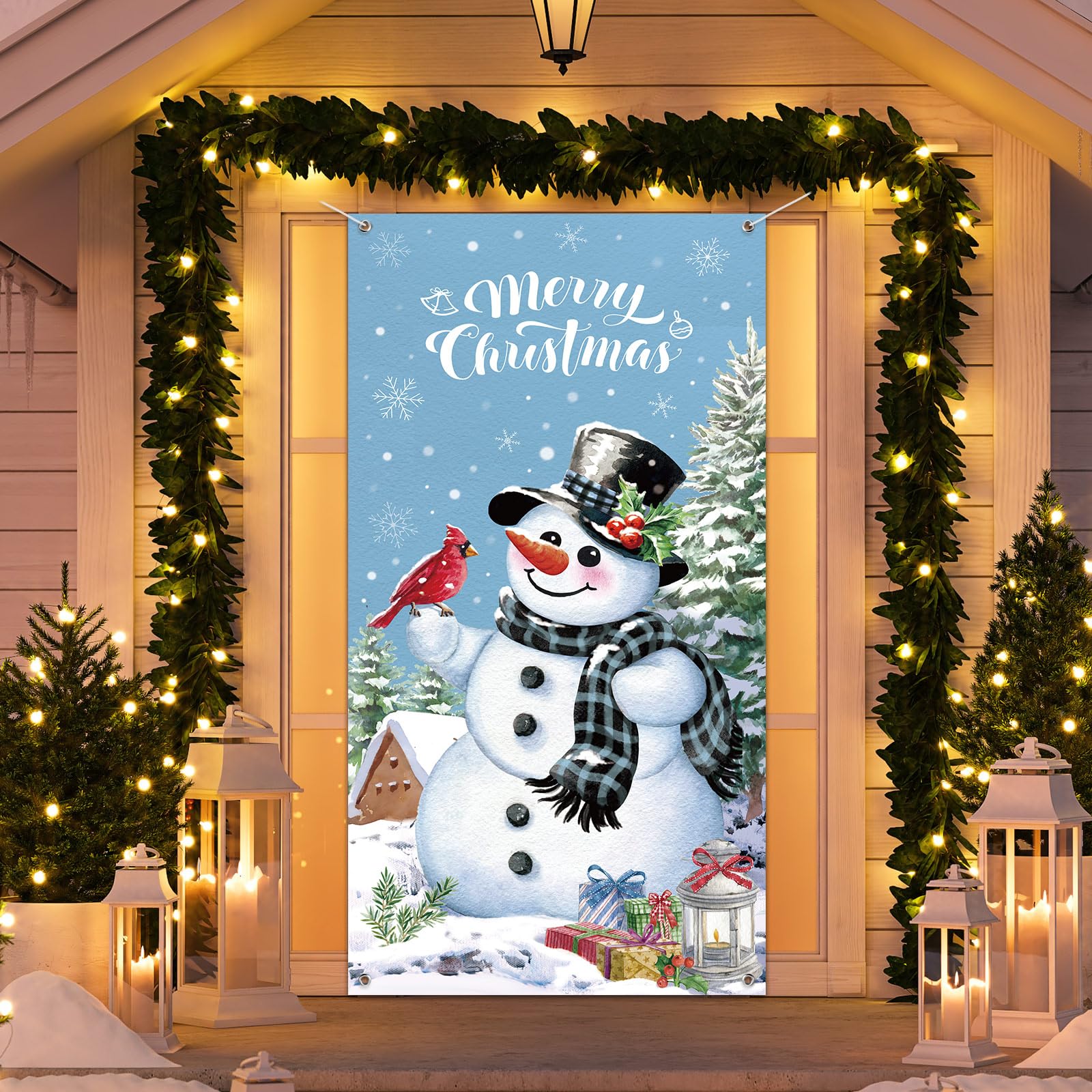 Christmas Snowman Door Cover Merry Christmas Door Decorations Winter Snowman Backdrop Background Banner for Front Door Porch Xmas Party Decor Supplies (Blue)