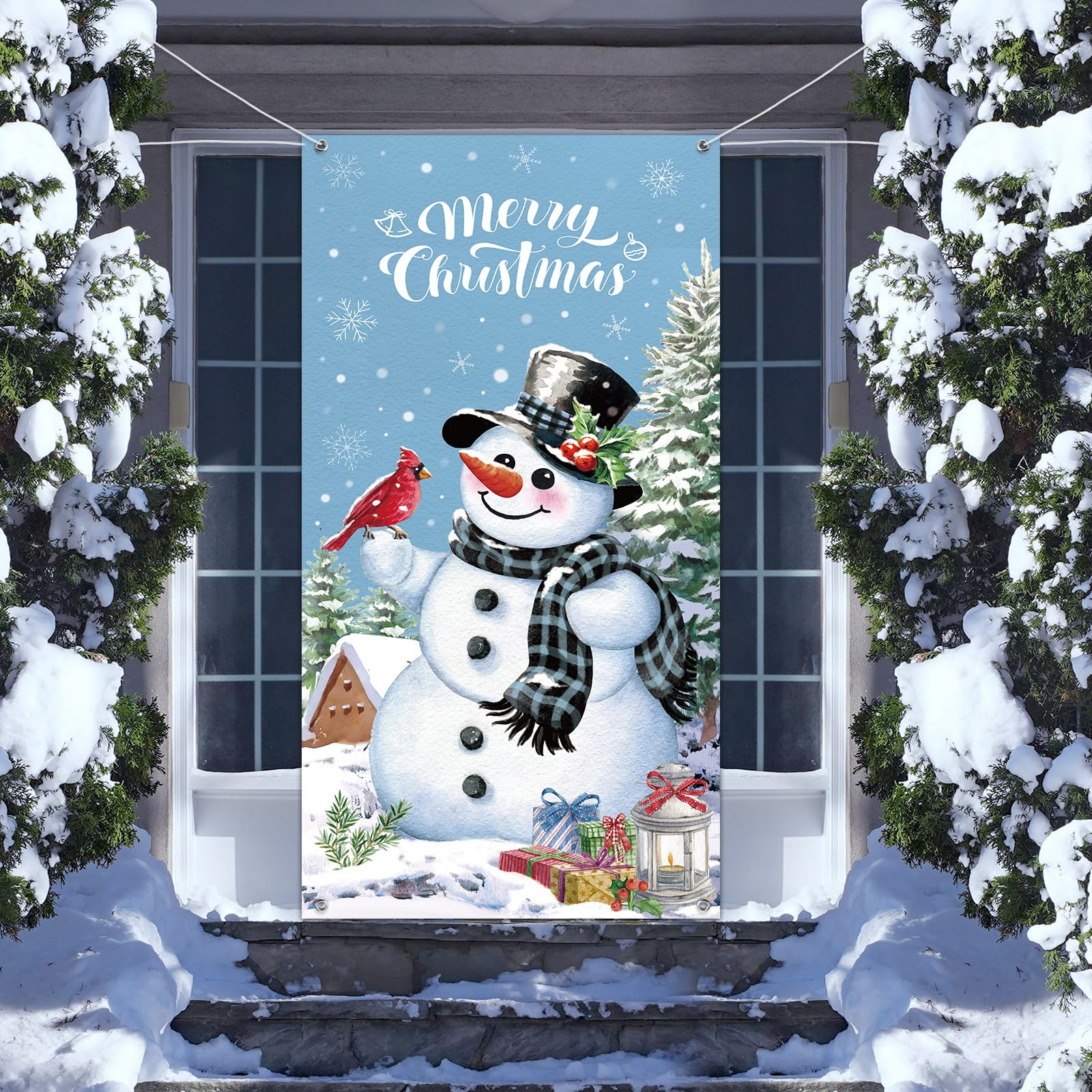 Christmas Snowman Door Cover Merry Christmas Door Decorations Winter Snowman Backdrop Background Banner for Front Door Porch Xmas Party Decor Supplies (Blue)