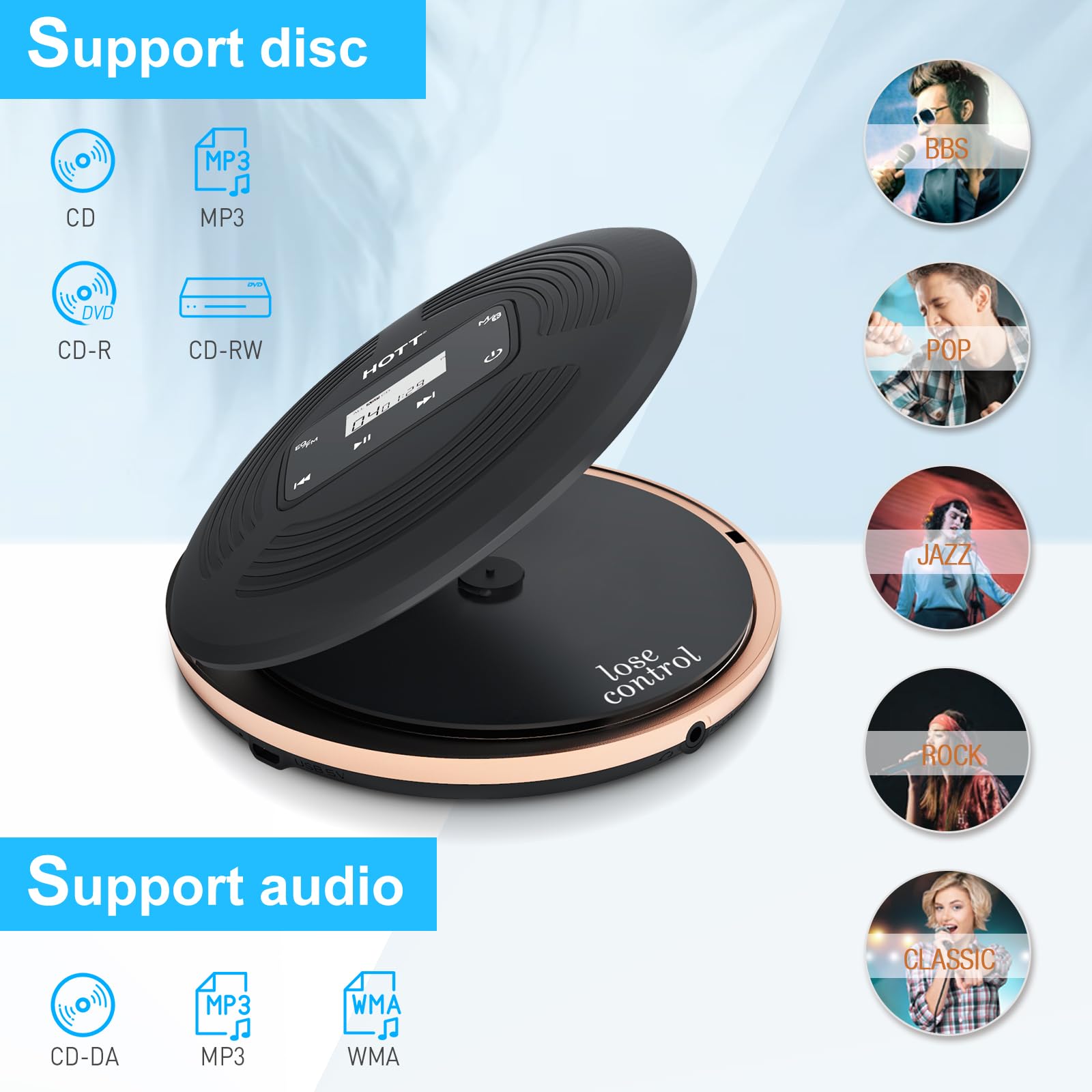 CD Player Portable with Bluetooth Walkman Bluetooth CD Player with FM Transmitter Touch Button and LCD display,Rechargeable Disc Player with AUX Cable and Shockproof Design, CD Player for Car and Home