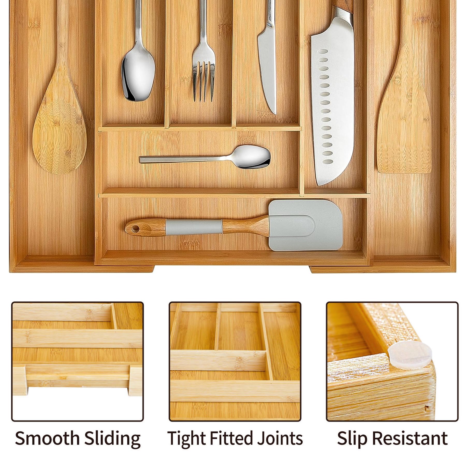 KAEASOUS Bamboo Expandable Drawer Organizer - cutlery drawer organizer for Utensils and Cutlery, silverware drawer organizer tray- Adjustable and Large Silverware Drawer Organizer for Cabinets