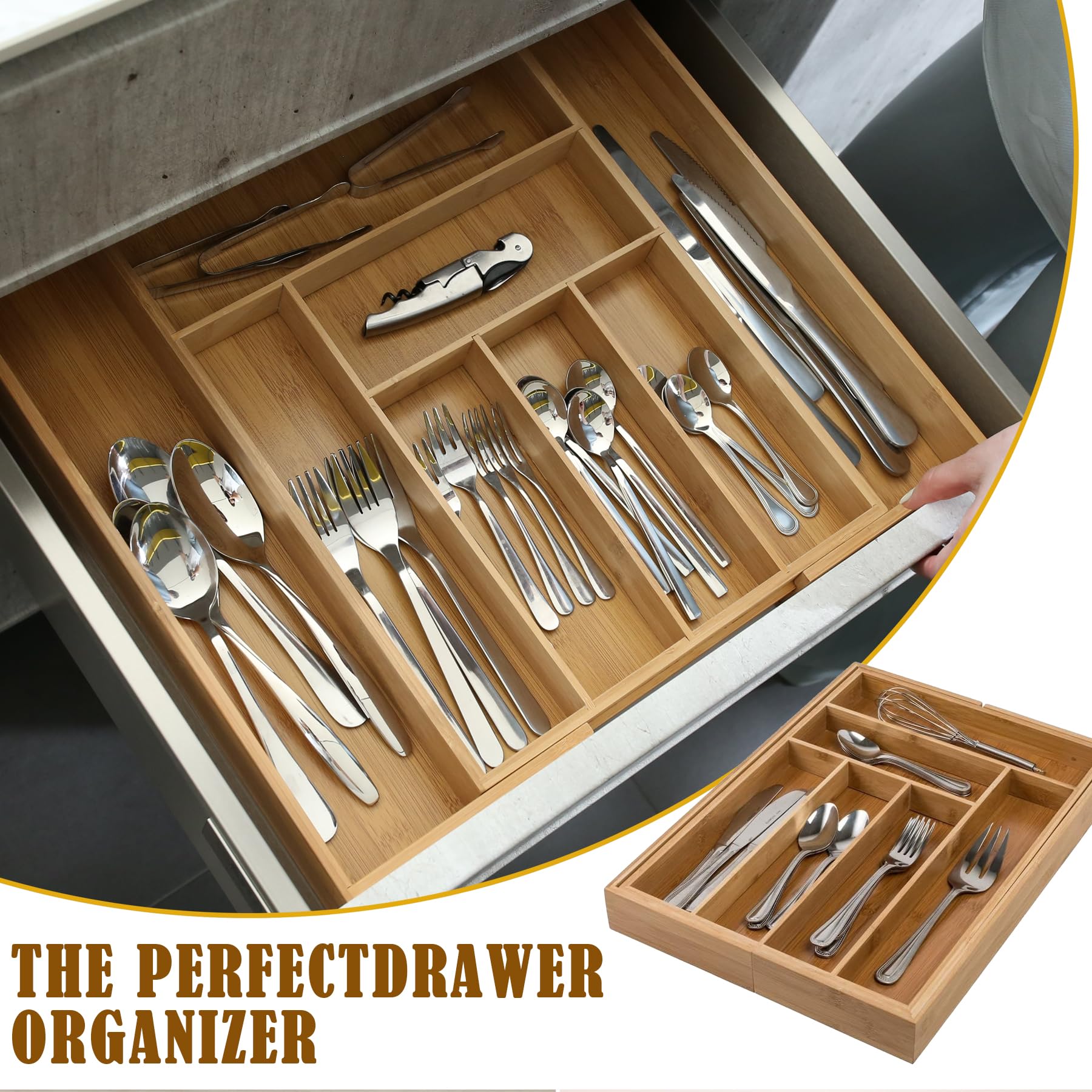 KAEASOUS Bamboo Expandable Drawer Organizer - cutlery drawer organizer for Utensils and Cutlery, silverware drawer organizer tray- Adjustable and Large Silverware Drawer Organizer for Cabinets