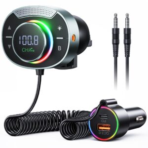 bluetooth 5.3 fm transmitter for car - soomfon bluetooth car adapter with big mic bass stereo hi-fi sound, pd30w qc18w fm bluetooth transmitter car charger support hands-free calls, aux out, tf card