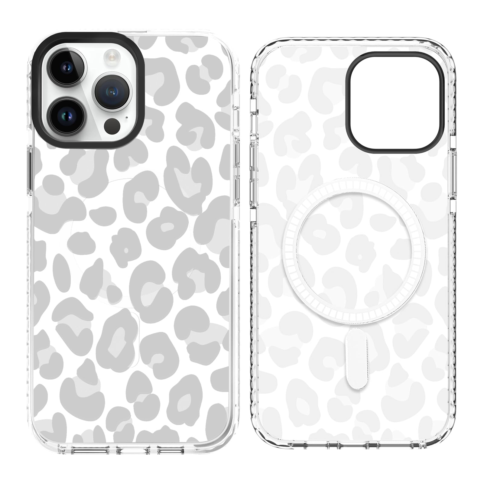 SAKUULO Magnetic for iPhone 14 Pro Case Light Gray Leopard Print Pattern [Compatible with MagSafe] Wireless Charge Slim Shockproof Case for iPhone 14 Pro Phone Case, Gray Leopard (6.1")