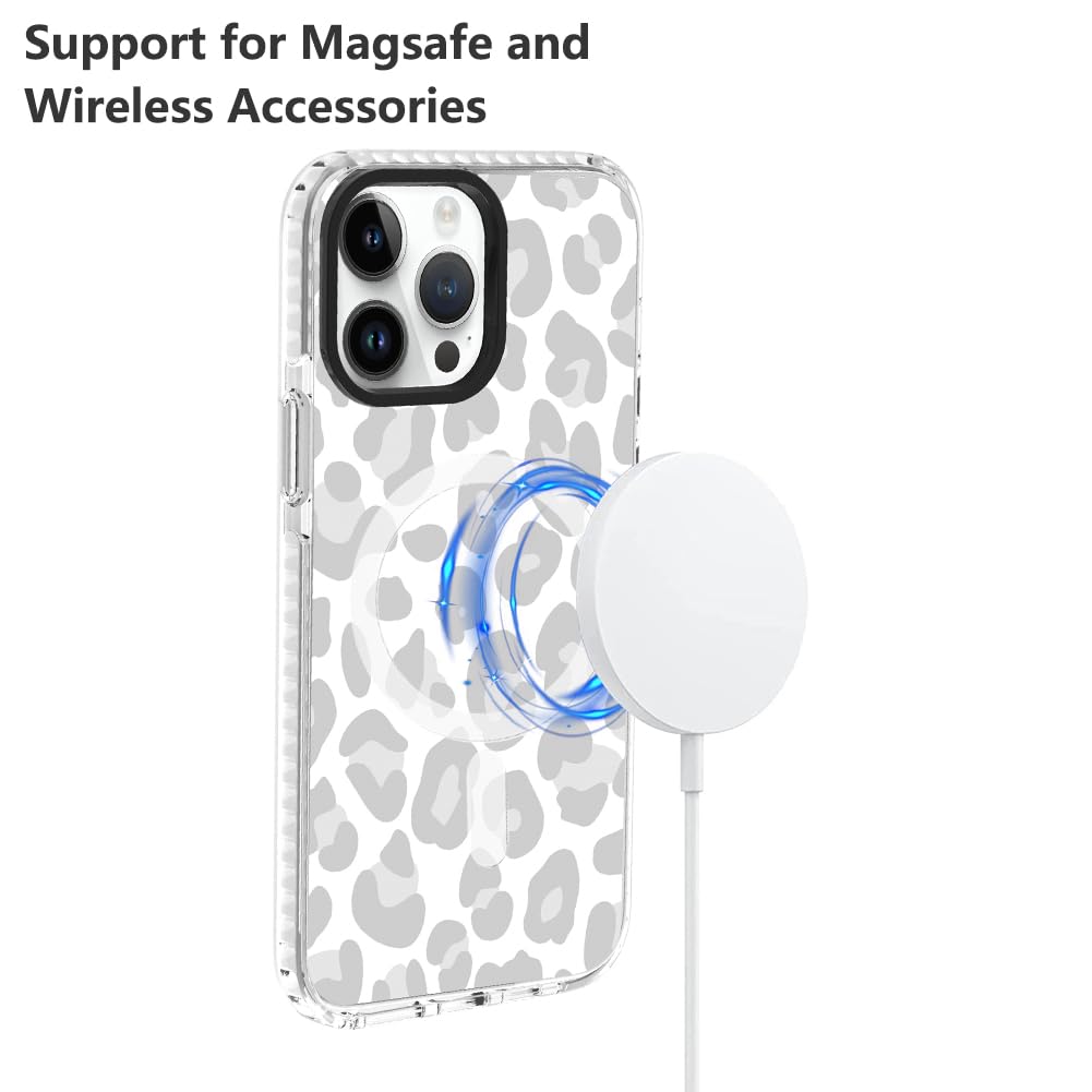 SAKUULO Magnetic for iPhone 14 Pro Case Light Gray Leopard Print Pattern [Compatible with MagSafe] Wireless Charge Slim Shockproof Case for iPhone 14 Pro Phone Case, Gray Leopard (6.1")