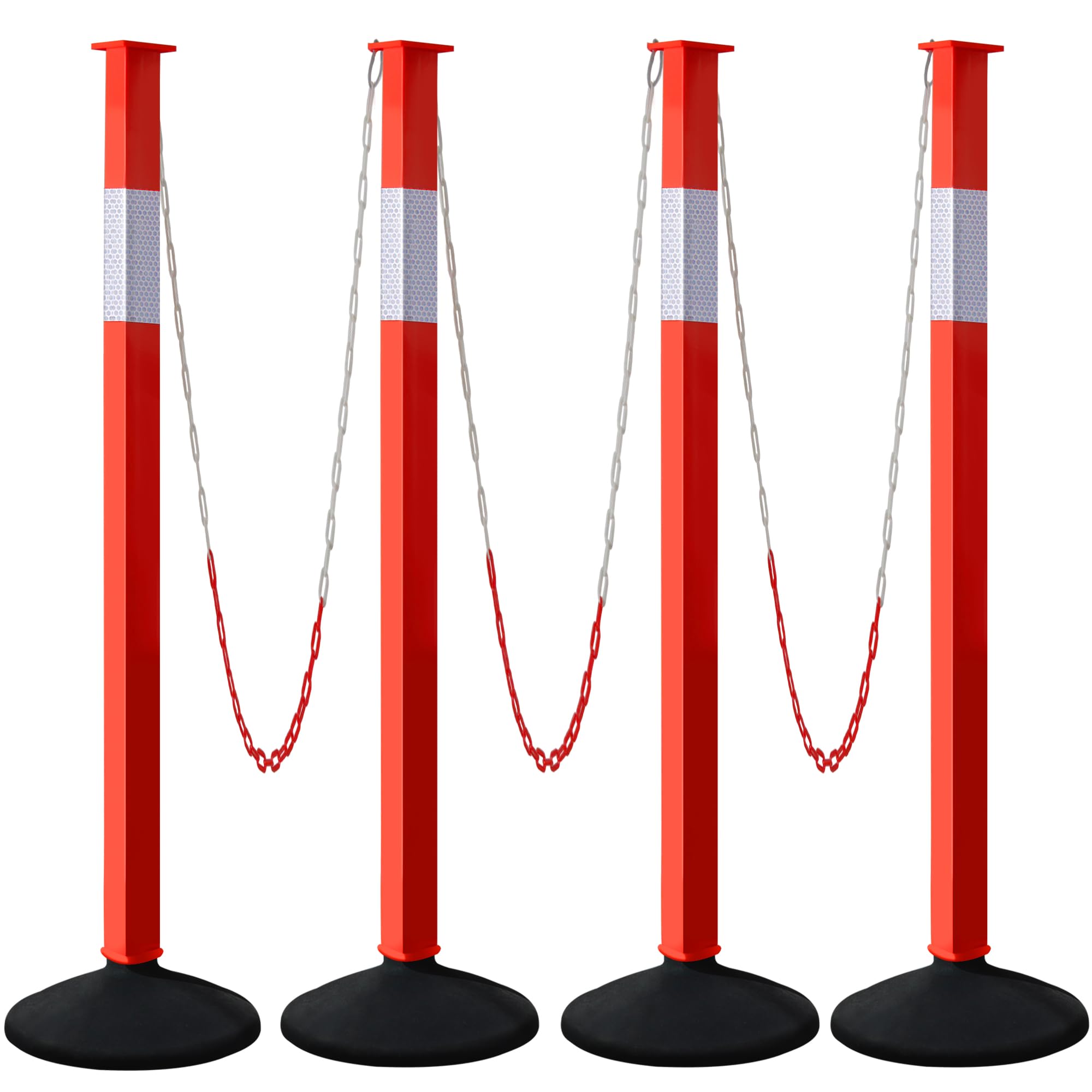 4 Pack Traffic Delineator Post Cones with Weighted Base & Reflective Collars, Adjustable Orange Traffic Safety Barrier with Plastic Chains for Parking Lot Driveway Road