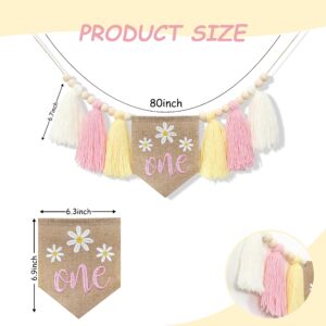 HGFC Daisy Tassel High Chair Banner - Wood Bead Tassel 1st Birthday Banner - Daisy Theme First Birthday Party Decoration - 1st Birthday Baby Girls Tassel Garland