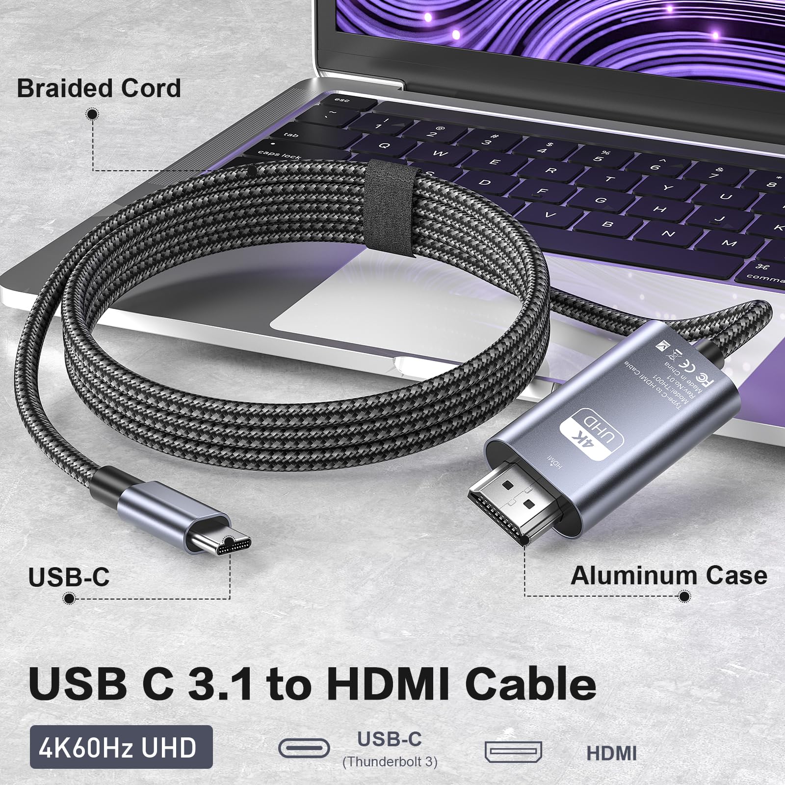 USB C to HDMI Cable 3.3ft 4K@60Hz,USB Type C to HDMI Cable [Thunderbolt 3 Compatible] for Home Office, Compatible for MacBook Pro, iPad Pro 2020, iMac, Samsung S21,S22, XPS, Huawei Mate 40, etc -1m