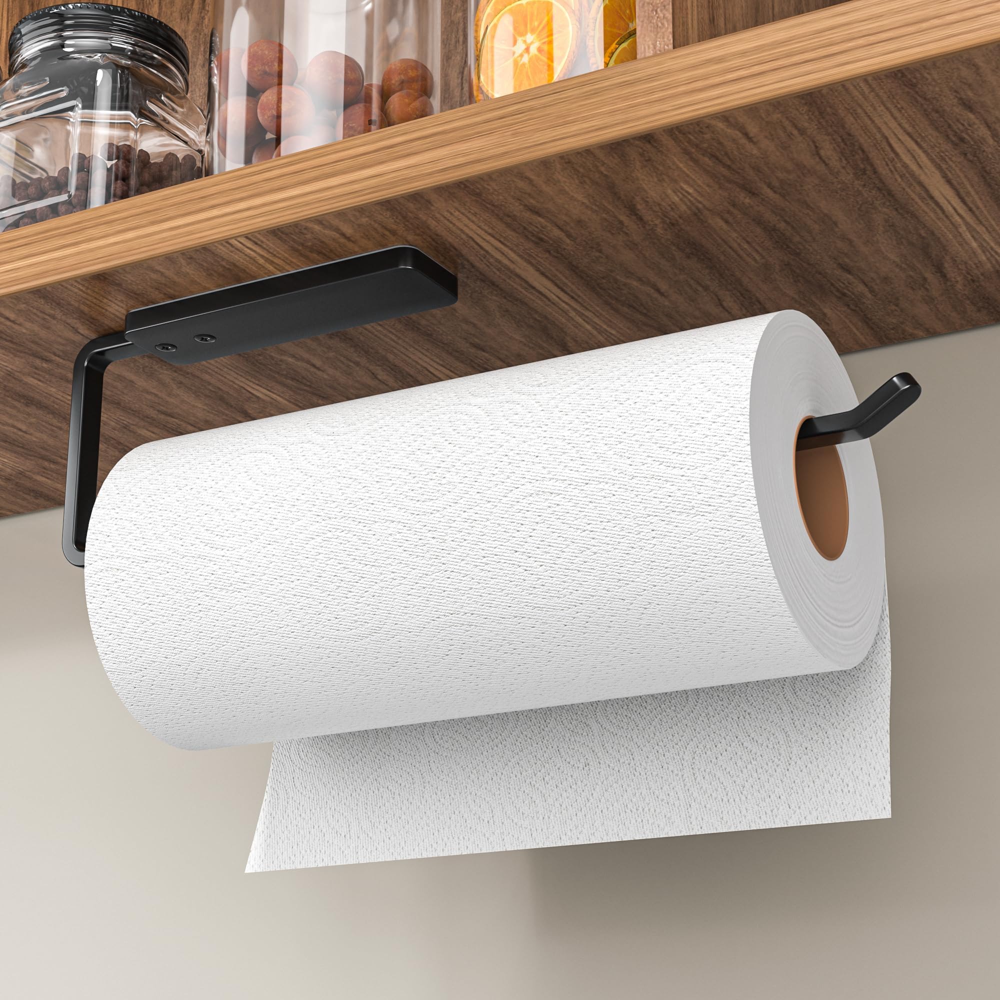 Paper Towel Holder Under Cabinet, Wall Mounted Paper Towel Holder No Drilling, Adhesive Under Cabinet Paper Towel Holder, Black Kitchen Towel Holder, 12.2 x 3.15 x 1.38 in, Aluminum, Black