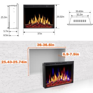 Joy Pebble 37 Inch Electric Fireplace Insert,750W/1500W Recessed Electric Fireplace Heater,Adjustable 5 Flame Color & 5 Burning logs Color,Electric Fireplace with Remote Control&Overheat Protection