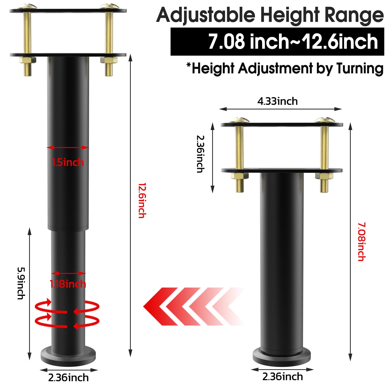 Bed Support Legs Metal Legs Adjustable Height Bed Frame Support 7.08-12.6 inch Adjustable Bed Legs Replacement Heavy Duty Center Support Legs for Steel Bed, Steel Bed, Sofa, Table, Furniture Cabinet