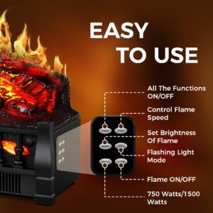 Joy Pebble Electric Fireplace Insert Log Heater 21",750W/1500W Adjustable 5 Flame Brightness&Speed, Fireplace Insert with Realistic Ember Bed&Traditional Brown Log,Overheat Protection&Remote Control