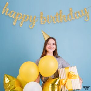 KatchOn Gold Glitter Happy Birthday Banner - 10 Feet, Pre-Strung - Luxurious Birthday Decorations for Women and Men