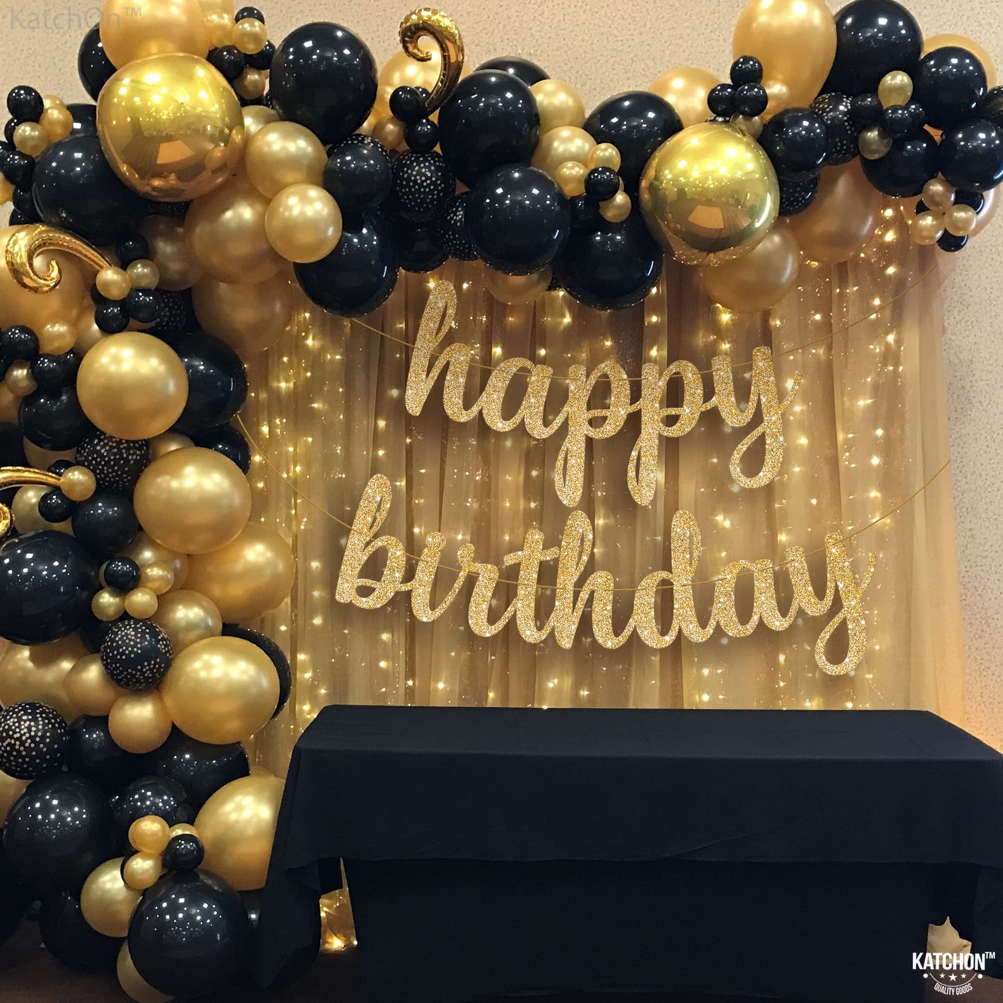KatchOn Gold Glitter Happy Birthday Banner - 10 Feet, Pre-Strung - Luxurious Birthday Decorations for Women and Men