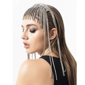 Xerling Rhinestones Tassel Cap Headband 1920s Flapper Fringe Head Chain Bridal Hair Band Silver Crystal Cleopatra Head Jewelry for Women