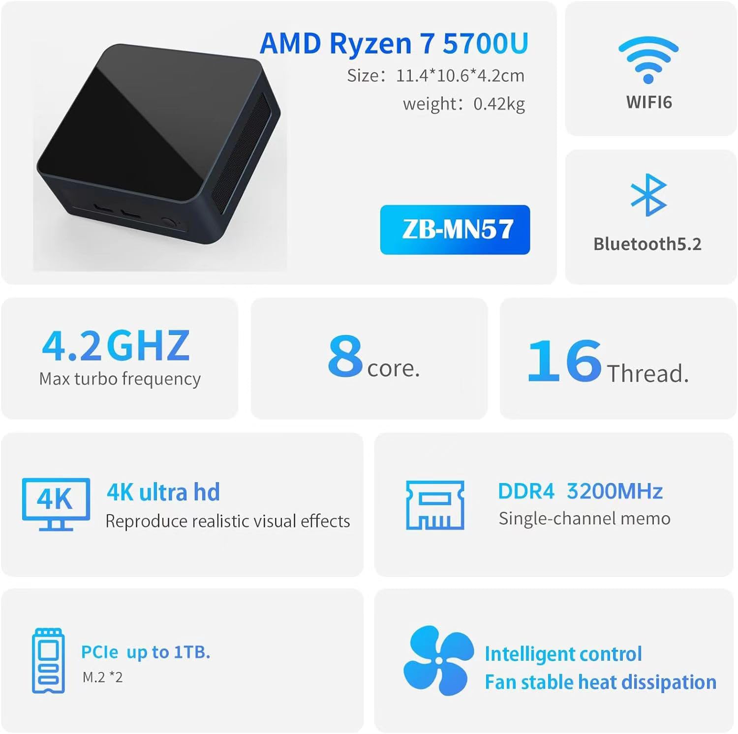 AskHand Mini PC AMD Ryzen 7 5700U (8 Core 16 Threads 4.3 GHz) 16GB DDR4 RAM 512GB PCIE SSD, Windows 11 Pro Support/WiFi 6E /BT-5.2 /USB*4 /USB-C /2*HDMI, 4K@60Hz 3 Screens Simultaneous Output