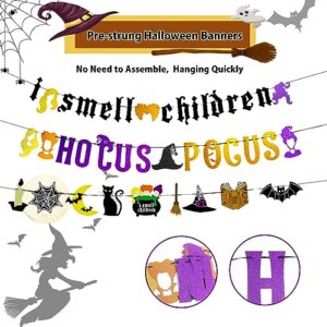 Pre-strung Hocus Pocus I Smell Children Halloween Banner, 3 Packs Glitter Halloween Decorations, 3D Witch Bats Home Decor, Halloween Wall Hanging Décor, Party Decoration Supplies Kit