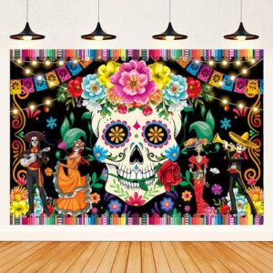 Day of The Dead Banner Backdrop Mexican Fiesta Sugar Skull Flowers Backdrop Banner Photography Background Dia DE Los Muertos Banner Decorations