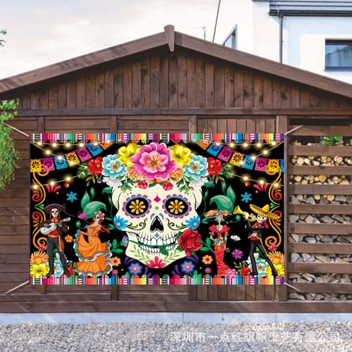 Day of The Dead Banner Backdrop Mexican Fiesta Sugar Skull Flowers Backdrop Banner Photography Background Dia DE Los Muertos Banner Decorations