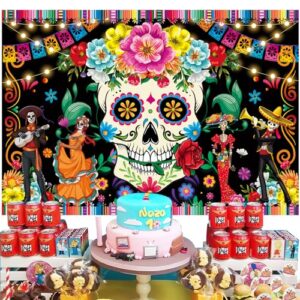 Day of The Dead Banner Backdrop Mexican Fiesta Sugar Skull Flowers Backdrop Banner Photography Background Dia DE Los Muertos Banner Decorations