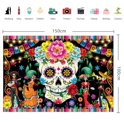 Day of The Dead Banner Backdrop Mexican Fiesta Sugar Skull Flowers Backdrop Banner Photography Background Dia DE Los Muertos Banner Decorations