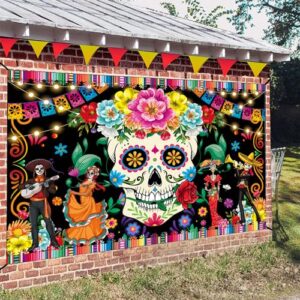 Day of The Dead Banner Backdrop Mexican Fiesta Sugar Skull Flowers Backdrop Banner Photography Background Dia DE Los Muertos Banner Decorations