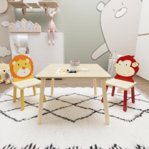 3 piece wood table & chair set for age 2-6 boy girl, wood activity table drawing play table set w/ 2 animals chairs for home, nursery, kindergarten, age 2-6 boy girl activity table chair 3 pieces set