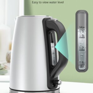 Electric Kettle, Paris Rhone 1.7L Electric Kettles for Boiling Water, Stainless Steel Hot Water Boiler Heater, BPA-Free, Auto Shutoff, Boil-Dry Protection, LED Indicator, Coffee and Tea, Silver