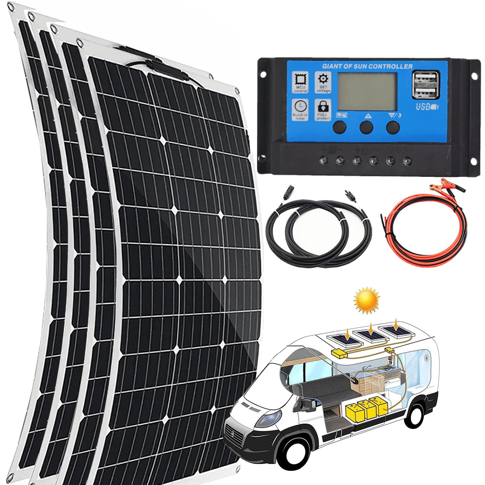 Semi-Flexible Solar Panels(150w/300w/450w/600w), Waterproof Battery Charger 40a, 12v Battery Energy Charging, Easy Installation, for Boat, Car, House, Garden, Shed,600W