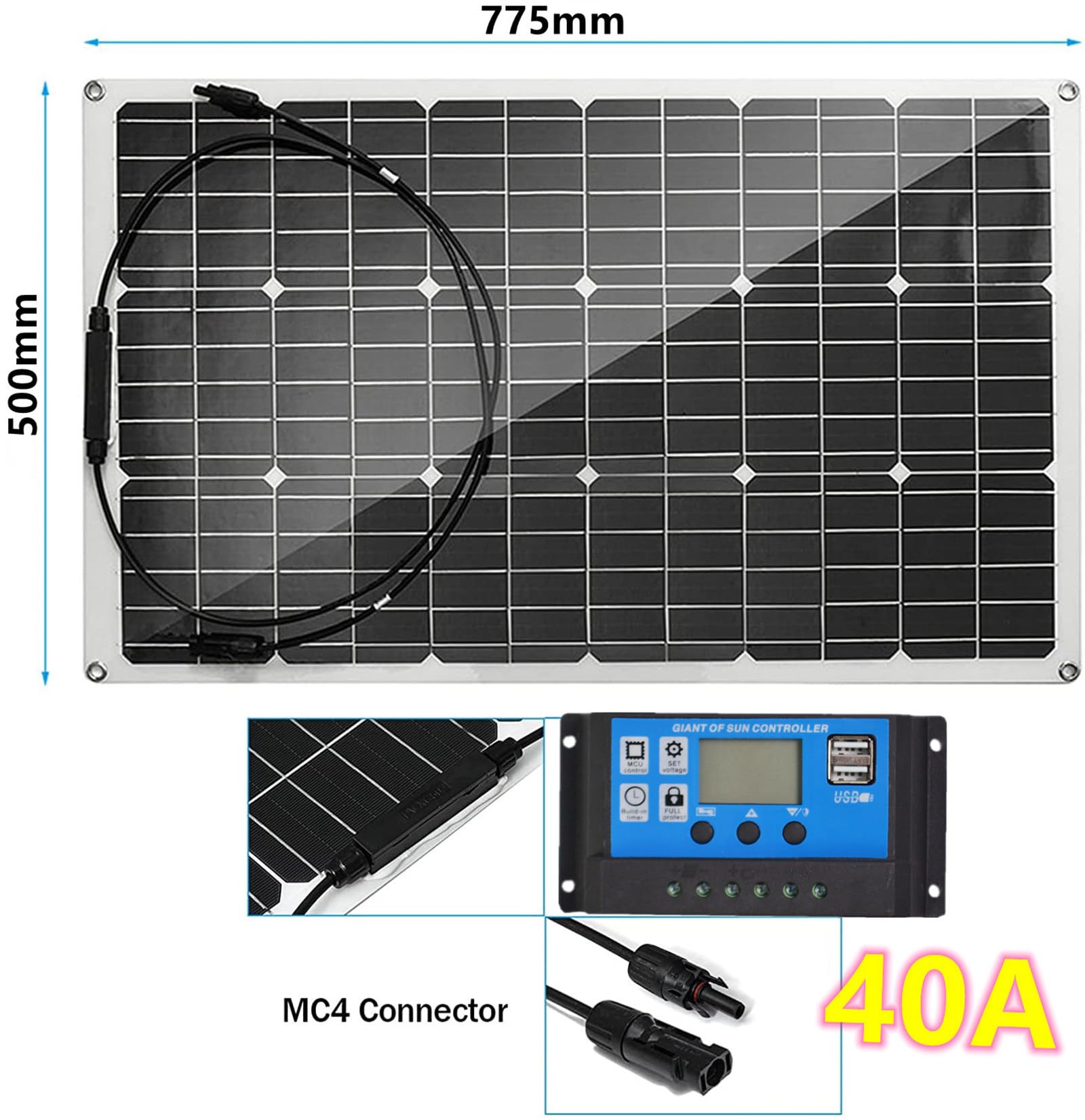 Semi-Flexible Solar Panels(150w/300w/450w/600w), Waterproof Battery Charger 40a, 12v Battery Energy Charging, Easy Installation, for Boat, Car, House, Garden, Shed,600W