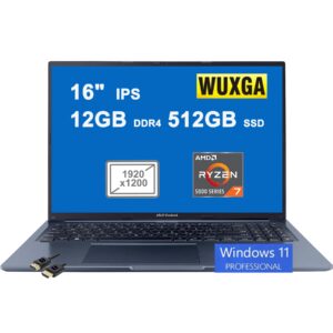 Asus VivoBook 16X Business Laptop | 16" WUXGA IPS Anti-Glare Display | AMD 8-Core Ryzen 7 5800HS Processor | 12GB DDR4 512GB SSD | USB-C HDMI SonicMaster Win11Pro Blue + HDMI Cable