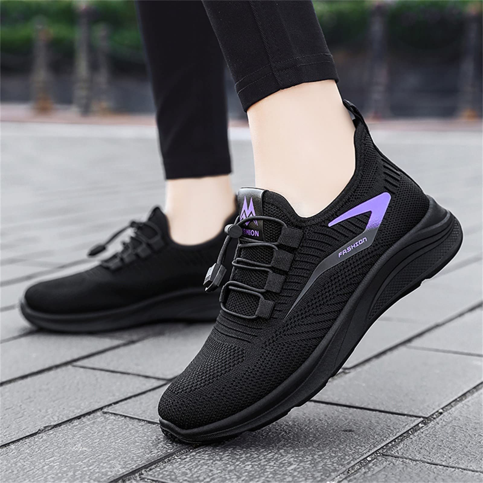 Slip-On Sneakers Women, Arch Support Mesh Knit Women's Sandals, Wide Width Wide Fit Casual Shoes, Strappy Elastic Comfy Unisex Fashion Autumn, Outdoor Walking Running Shoes E-Black