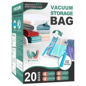 wtree 20 pack vacuum storage bags, space saver bags (4 jumbo/4 large/4 medium/8 small) vacuum sealed bags for comforters, blankets, clothes storage, hand pump included