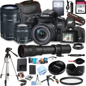 canon eos 850d / rebel t8i dslr camera w/ef-s 18-55mm f/4-5.6 stm zoom lens + 55-250mm f/4-5.6 is stm lens + 420-800mm super telephoto lens + 64gb memory, case, tripod, flash (38pc bundle) (renewed)