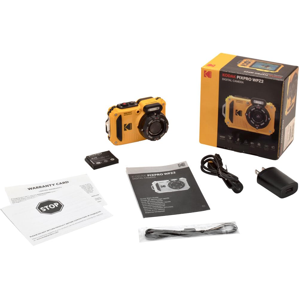 KODAK PIXPRO WPZ2 Waterproof Digital Camera Bundle, Includes: SanDisk 64GB MicroSD Memory Card, Spare Battery and More (6 Items) (Yellow)