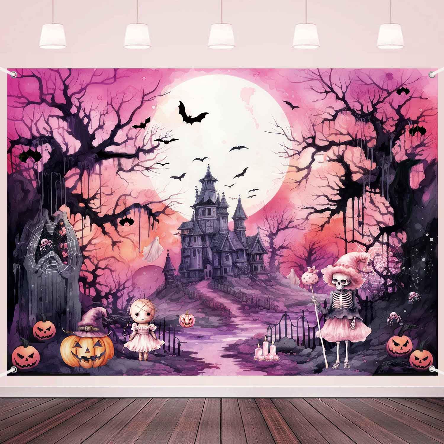 LDWLYW Pink Halloween Backdrop Scary Halloween Backdrops for Photography Background Full Moon Haunted House Halloween Party Decorations Outdoor Witch Birthday Banner for Girl Kids 7x5ft