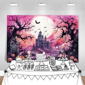 LDWLYW Pink Halloween Backdrop Scary Halloween Backdrops for Photography Background Full Moon Haunted House Halloween Party Decorations Outdoor Witch Birthday Banner for Girl Kids 7x5ft